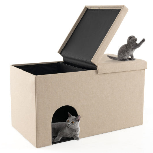 3-in-1 Cat Litter Box Enclosure with Removable & Movable Divider for Pets-Beige