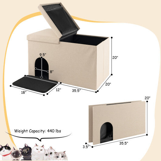 3-in-1 Cat Litter Box Enclosure with Removable & Movable Divider for Pets-Beige