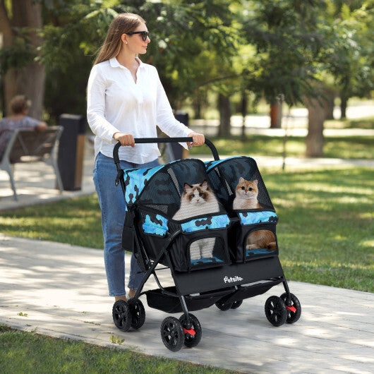 Foldable Double Pet Stroller with Adjustable Sunshade and Storage Basket-Gray