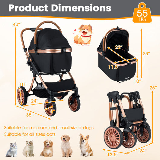 3-in-1 Foldable Pet Stroller with  Sun Shade and Safety Belt for up to 55 lbs Small Medium Dogs Cats-Black