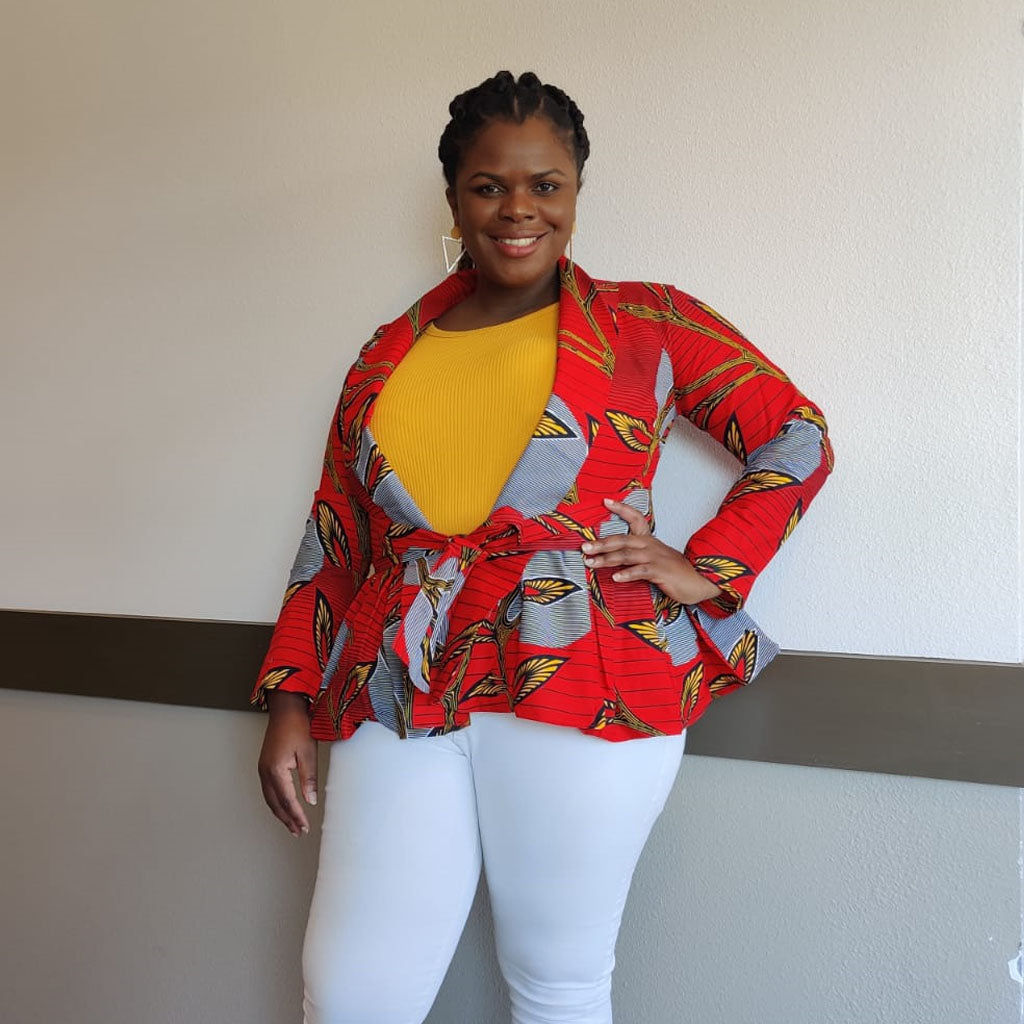 African Print  Long Sleeved Peplum Red Blouse