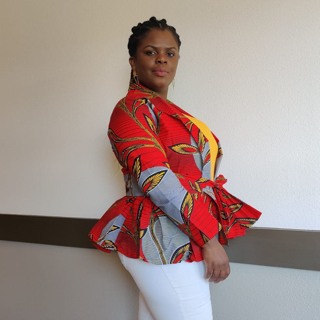 African Print  Long Sleeved Peplum Red Blouse