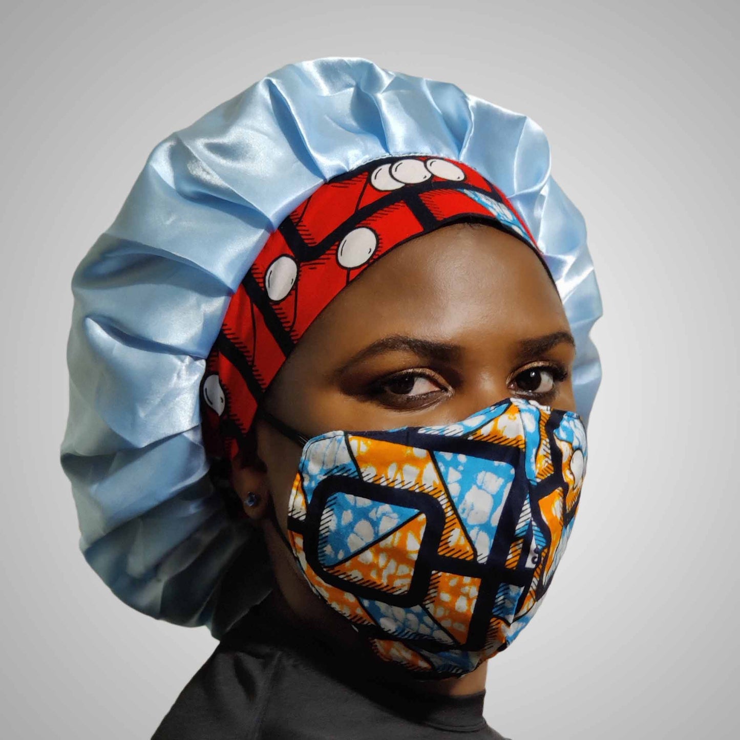 Kente Bonnet & Face Mask (Red/Blue)