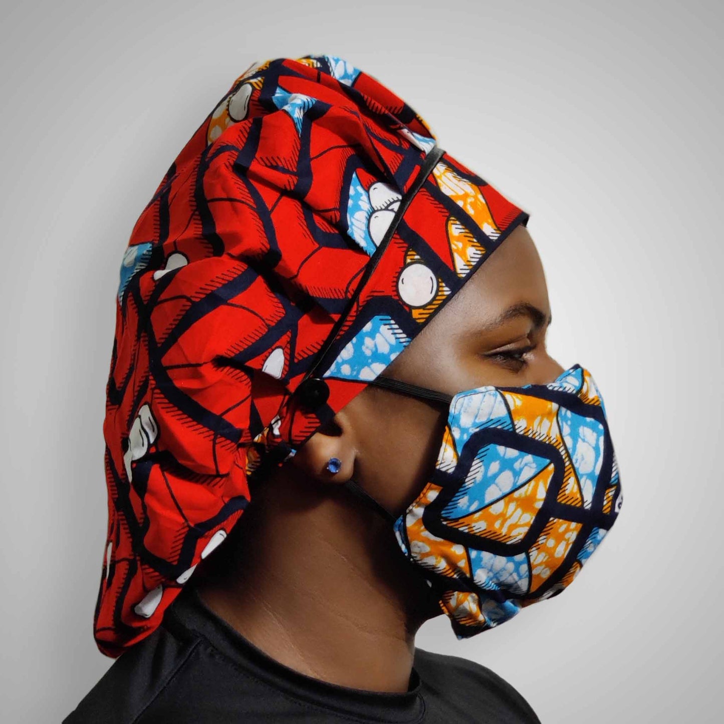 Kente Bonnet & Face Mask (Red/Blue)