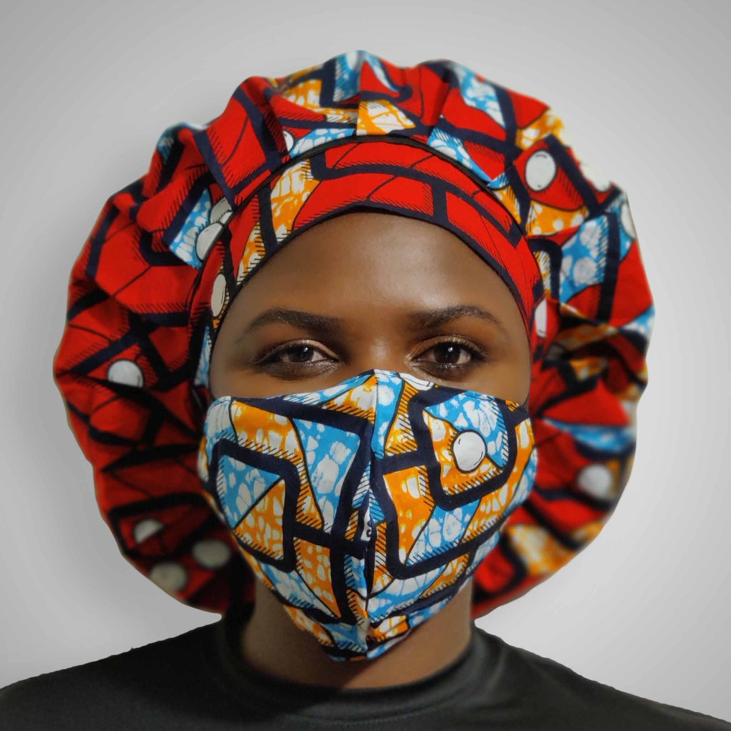 Kente Bonnet & Face Mask (Red/Blue)