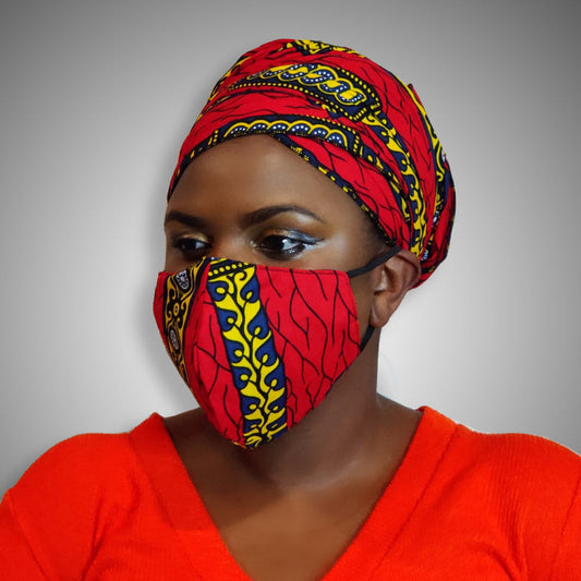 Kente African Print Head Wrap & Face Mask (Red & Yellow)