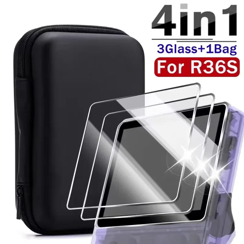 Screen Protector+Portable Carrying Case for R36S Handheld Console Storage Bag & Anti-Scratch Tempered Glass for R36S Accessories