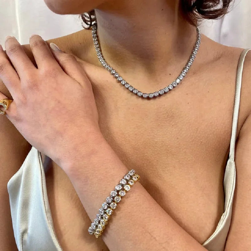Geometric High Quality Fashion Women Jewelry Bezel Set Round Shaped Tennis Chain Bracelet Necklace Set