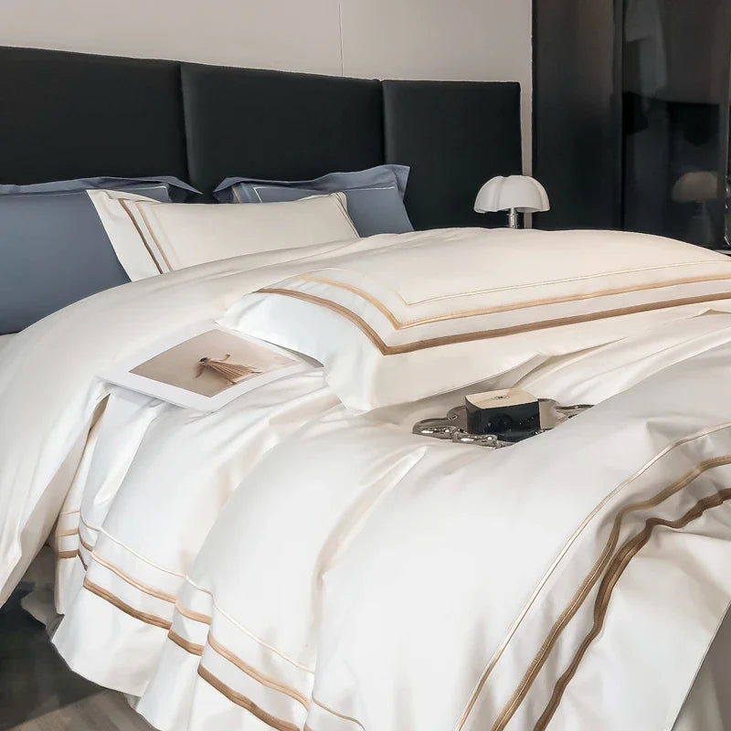 Hotel Style Bedding Set Luxury Golden Embroidery Duvet Cover Grey Egyptian Cotton Bed Sheets Pillowcases Solid Color Bedclothes