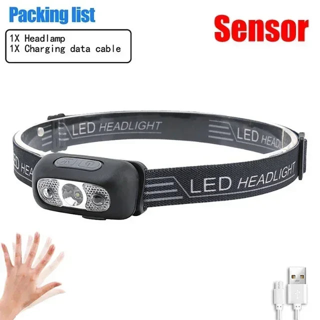 Mini Ultra-bright Sensor Industrial Headlamp Portable LED Headlight Rechargeable Flashlight for Outdoor Camping Fishing