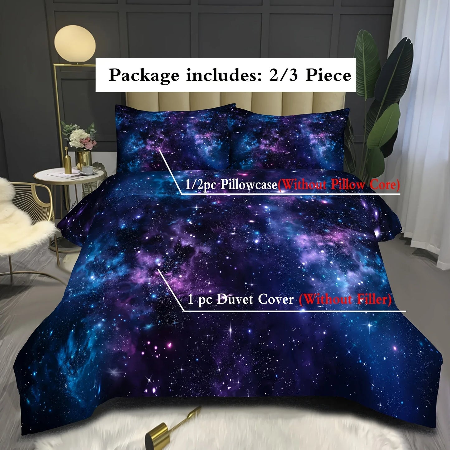 Soft and Comfortable Purple Star Galaxy Print Duvet Cover Set - Washable Microfiber Bedding for Bedroom and Guest Room
