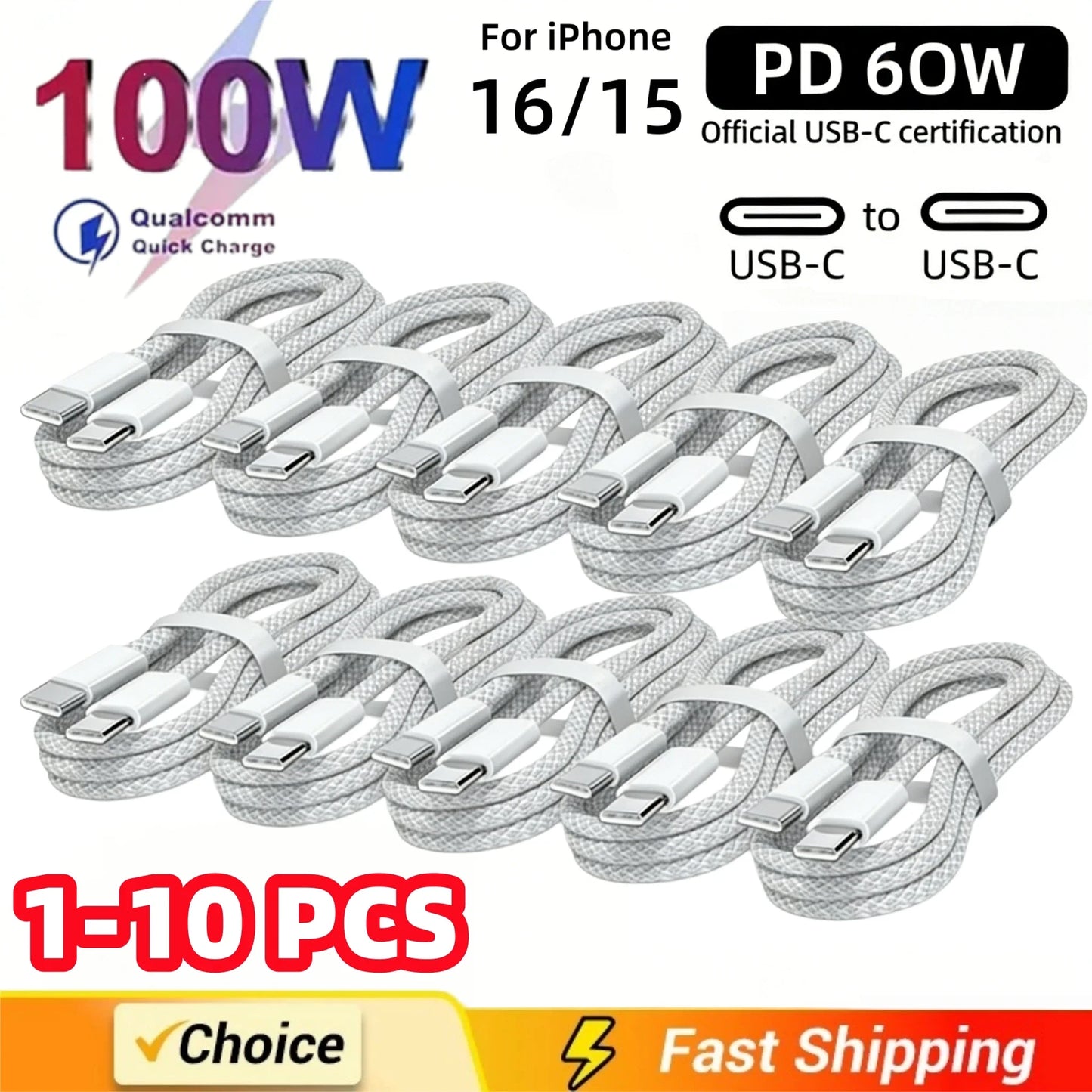 1-10PCS USB C Cable to USB C 100W Fast Charging Charger Cable Supports Fast Charging For iPhone 16 17 Samsung Xiaomi Huawei etc