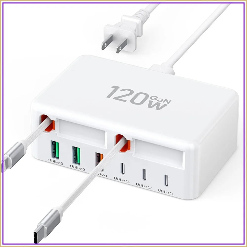 120W GaN USB C Charger Block, 8-in-1 Retractable Travel Charging Station Hub with Lightening & Type C Cable, for iPhone iPad Galaxy
