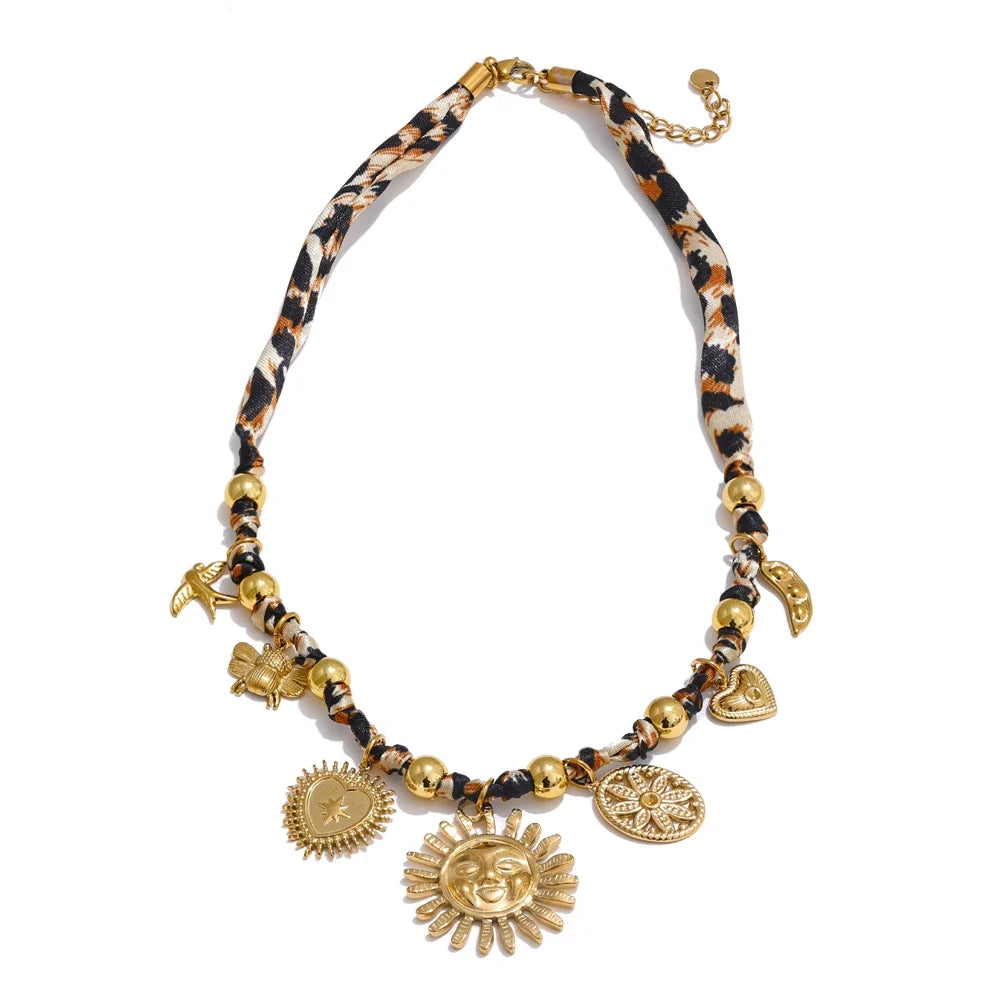 Yhpup Popular Stainless Steel Leopard Polyester Sun Flower Heart Insect Drop Collar Necklace 18K PVD Plated Fashion Jewelry Gift