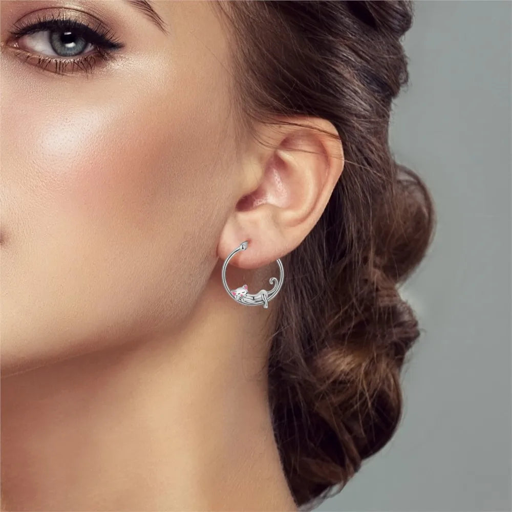 925 Sterling Silver Cute Lazy Cat Animal Pet Earrings Jewelry Hoop Earrings For Women Jewelry Birthday Party Fine Gifts