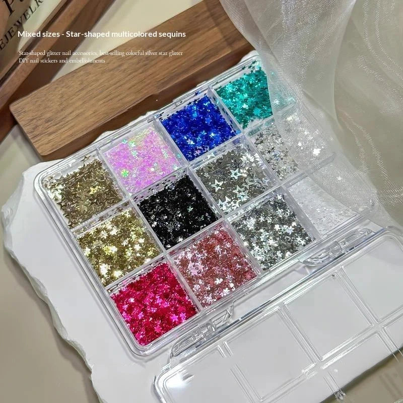 *12 Grids Mixed Mini Circular Colorful Nail Glitter Wave Point Sequin Sparkling Flower DIY Nail Decoration Nail Charms