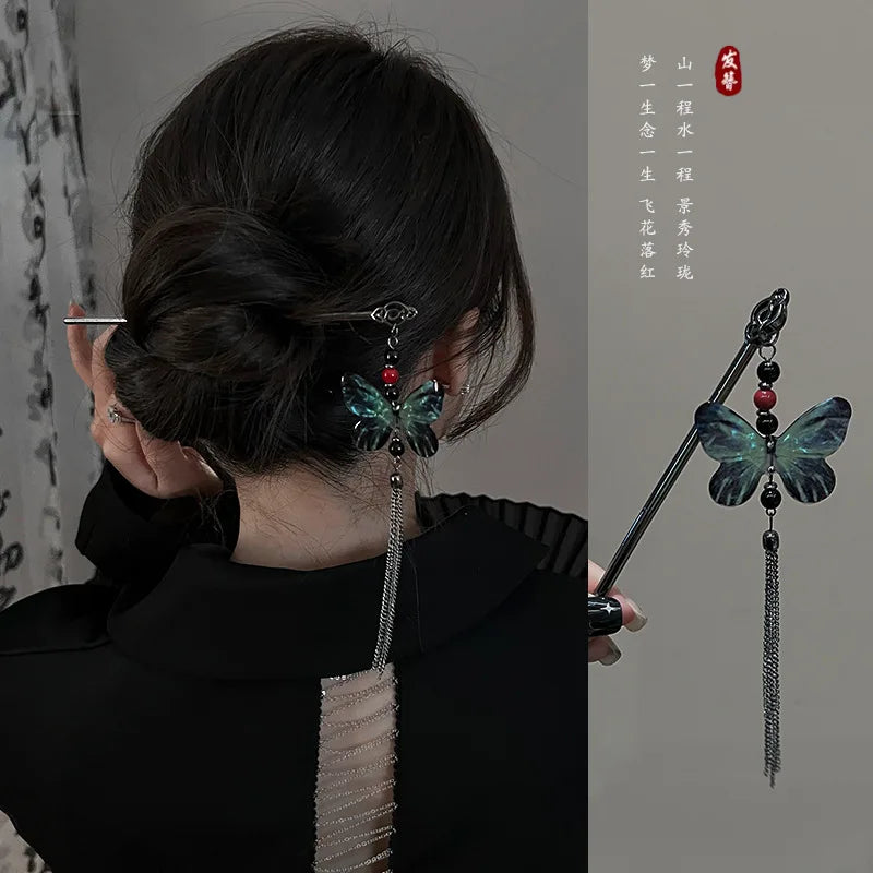 Ancient Chinese Style Elegant Butterfly Tassel Hair Stick for Women Girls Classical Hairpin Chinese Hair Accessories Jewelry