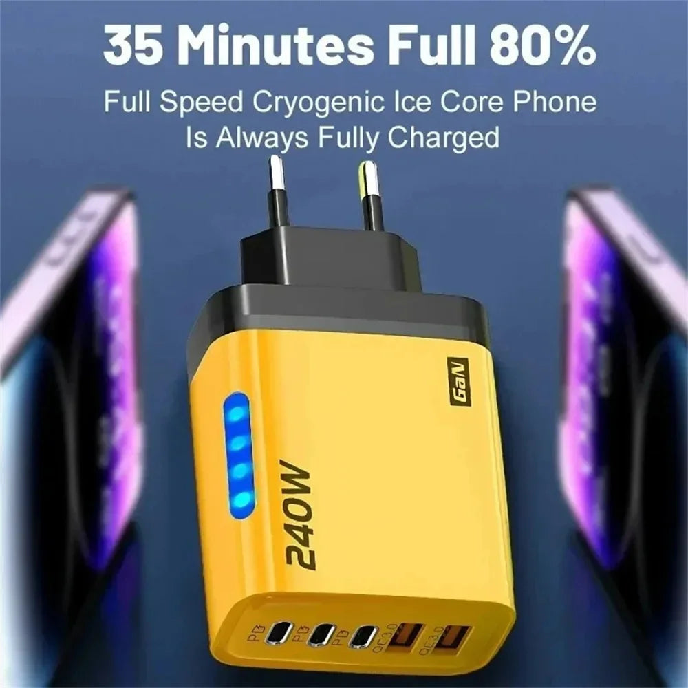 5 in 1 GaN USB C Desktop Charger 240W Fast Charge Phone Adapter 10A Type C Cable For iPhone Samsung Xiaomi EU/US/UK Plug Charger