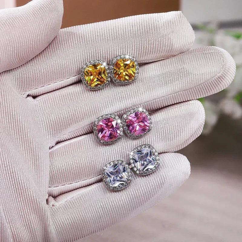 Huitan Classic Cushion Shape Stud Earrings with Brilliant Cubic Zirconia Stone Wedding Engagement Party Luxury Jewelry for Women