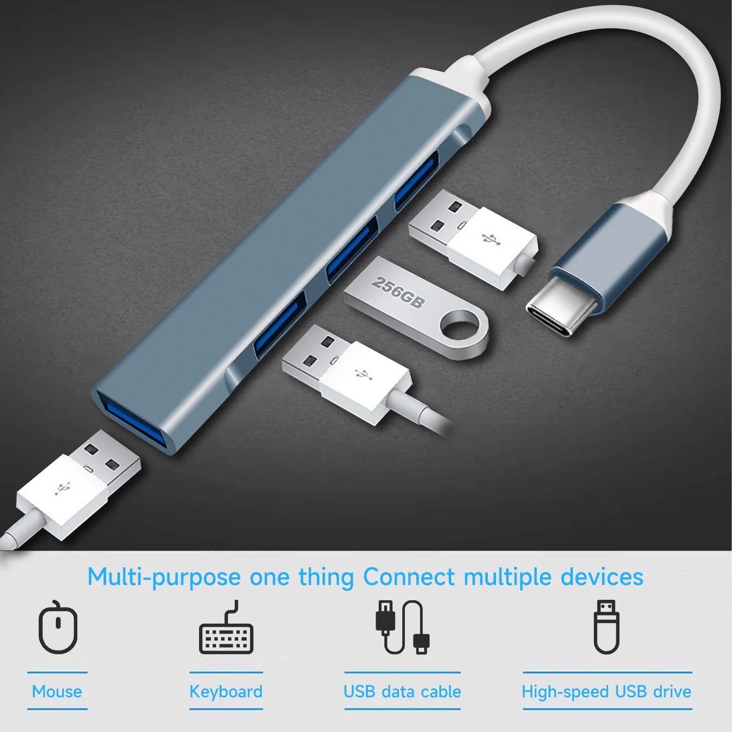 4-in-1 USB C Hub 3.0, Multi-Port OTG Adapter for Smartphones, Tablets, Laptops, Computers, Type-C Splitter