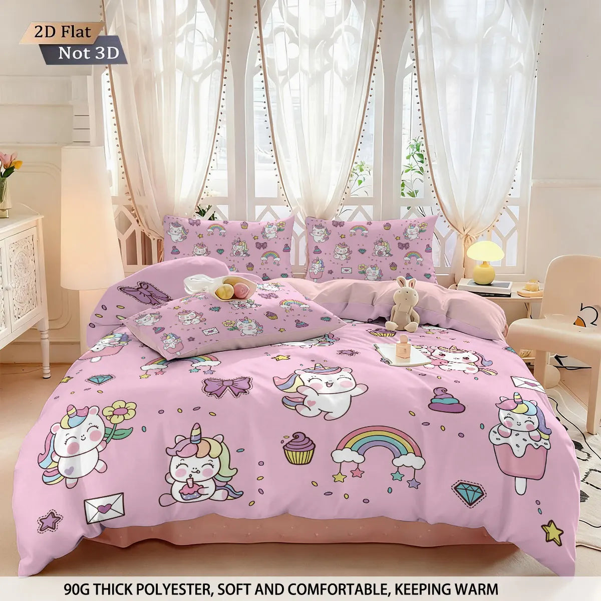 3pcs Cartoon Cute Unicorn Printed Coreless Down Duvet Cover Set, Multi Size Bedroom Bedding Decoration, Machine Washable