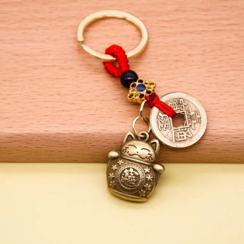 1Pc Vintage Handmade Lucky Cat Keychain Five Emperors Feng Shui Coins Key Ring Car Pendant Lucky Ornament Gift