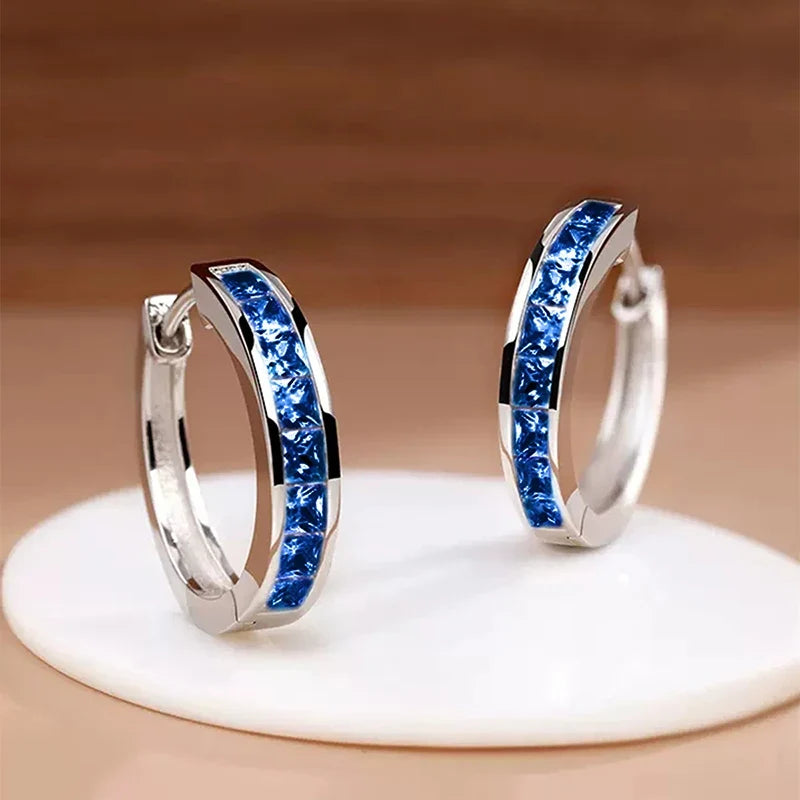 Huitan Hoop Earrings with Princess Cubic Zirconia Exquisite Ear Circle Earrings for Women Silver Color Fashion Versatile Jewelry