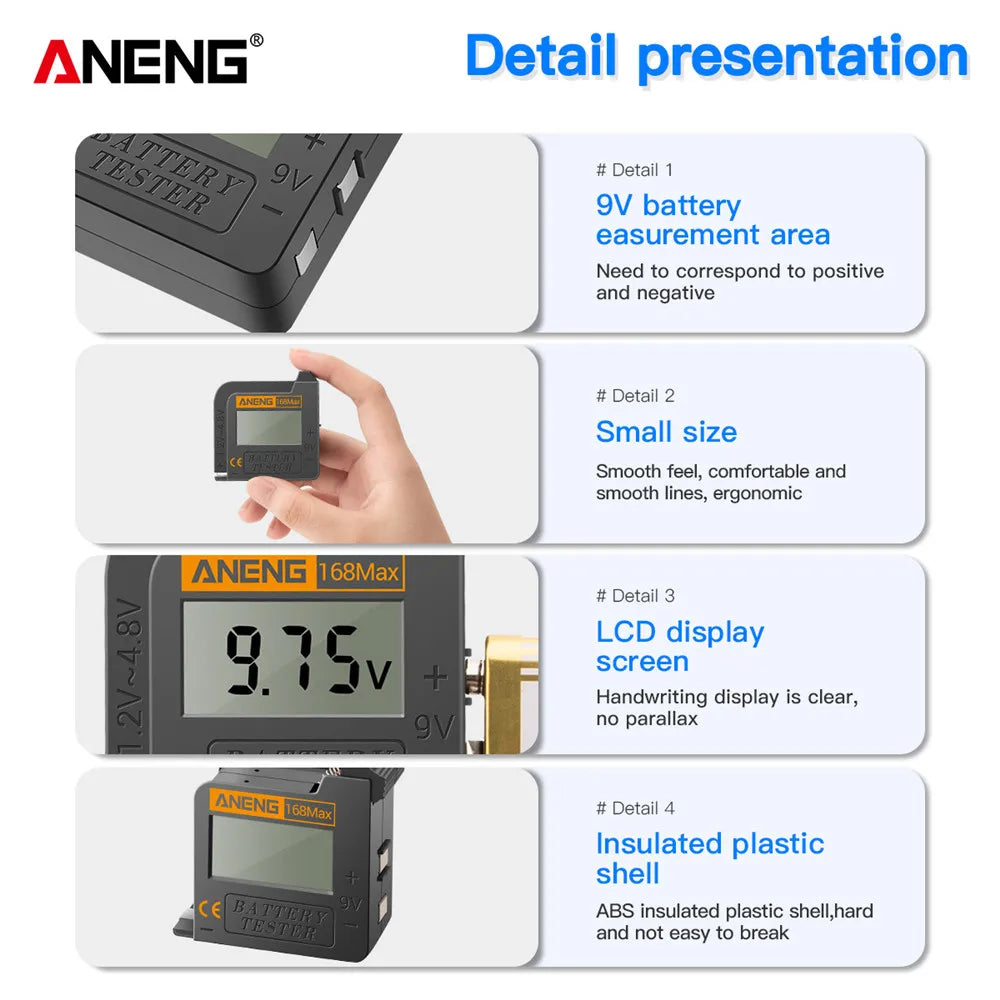 ANENG 168MAX Self Powered Digital LCD Battery Checker AA AAA C D 9V Button Cell 18650 Lithium Cell Voltage Capacity Test Tool