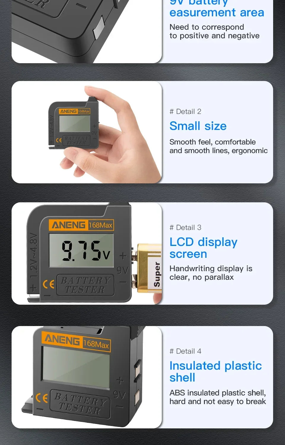 ANENG 168MAX Self Powered Digital LCD Battery Checker AA AAA C D 9V Button Cell 18650 Lithium Cell Voltage Capacity Test Tool
