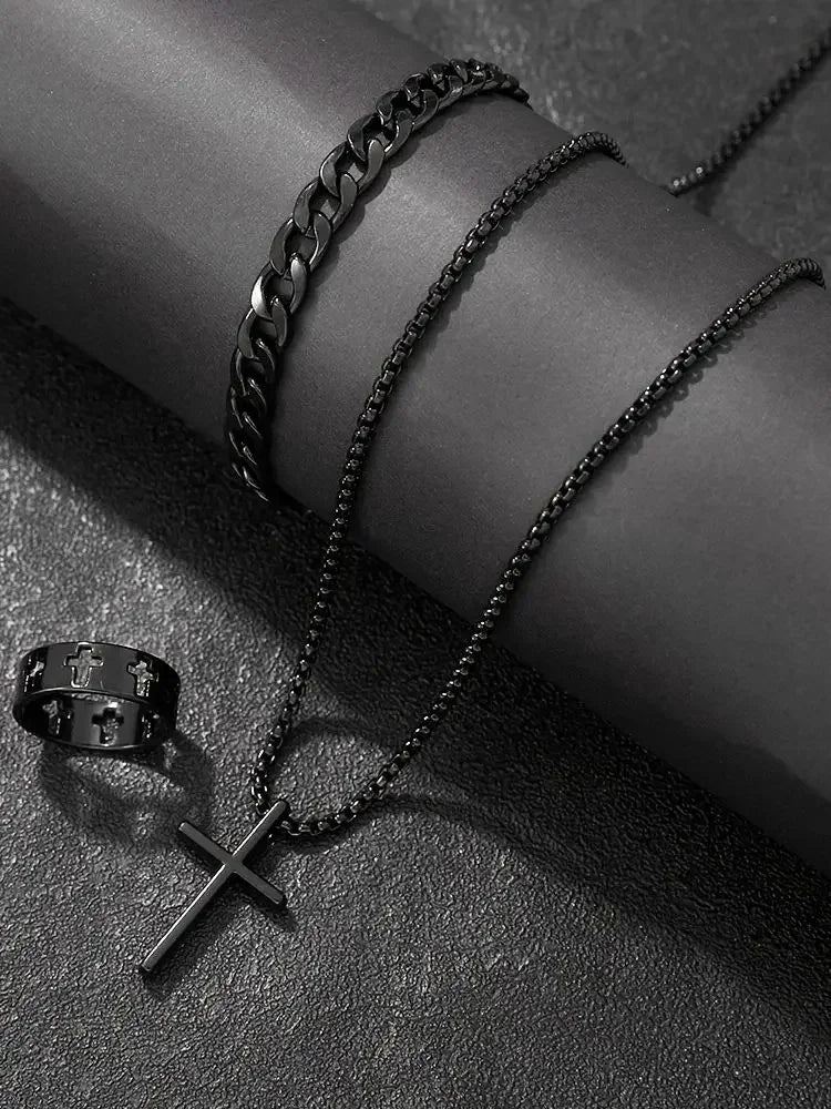 Cross-Style Accessories Set Bracelet Necklace Ring 3 Pieces Stainless Steel Elegant Suitable Both Men Women Fashionable Gift Set