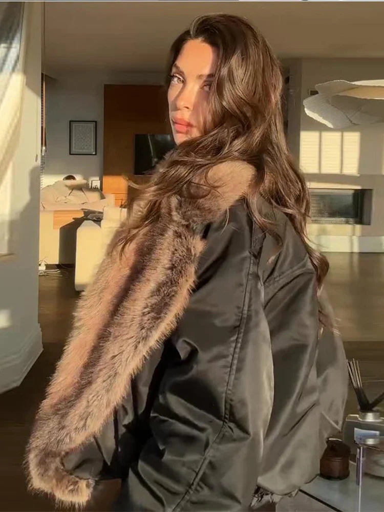 Fashion Faux Fur Patchwork Cotton Coat Women Lapel Zipper Pocket Cropped Street Warm Jacket 2026 Winter Lady Puffer Jackets New