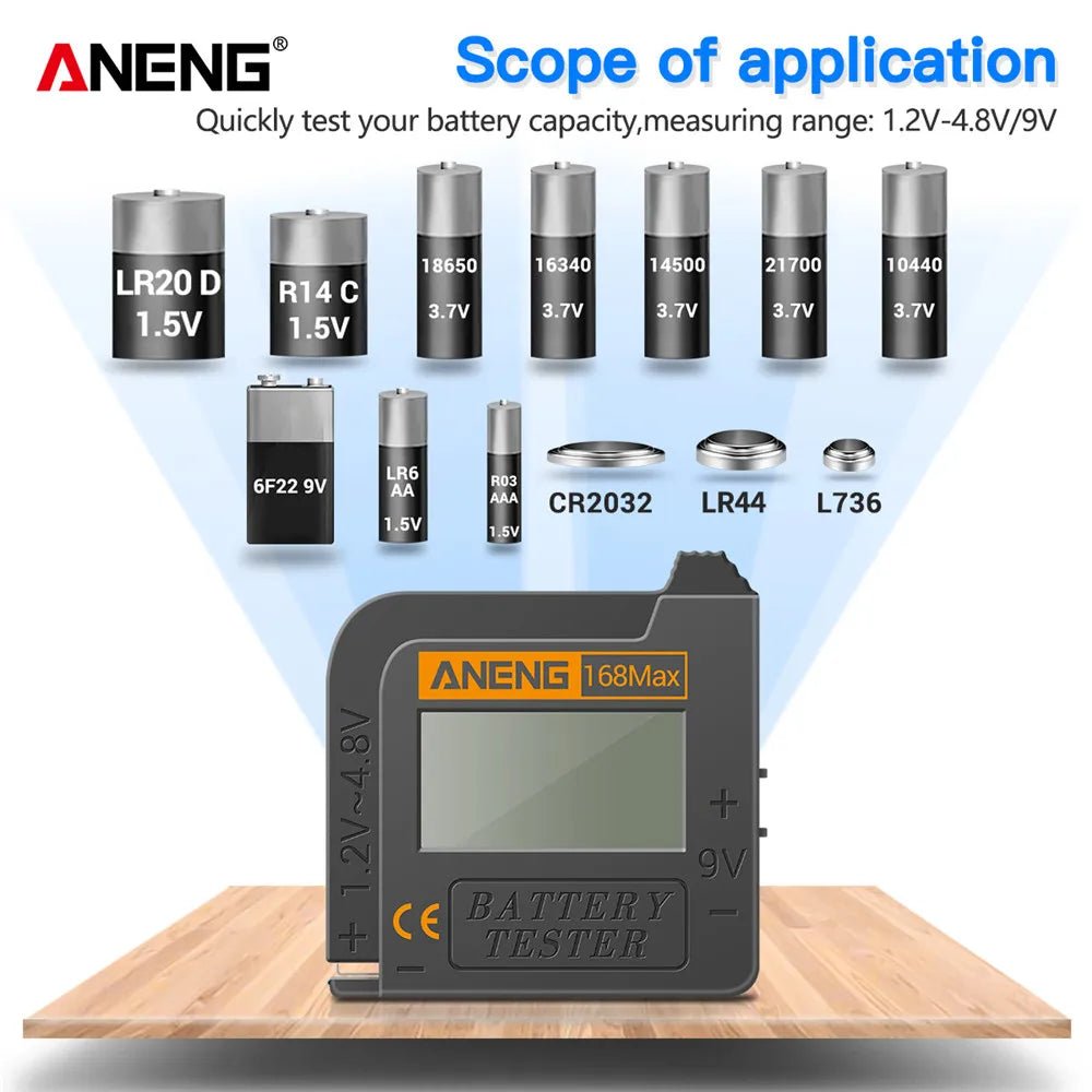 ANENG 168MAX Self Powered Digital LCD Battery Checker AA AAA C D 9V Button Cell 18650 Lithium Cell Voltage Capacity Test Tool