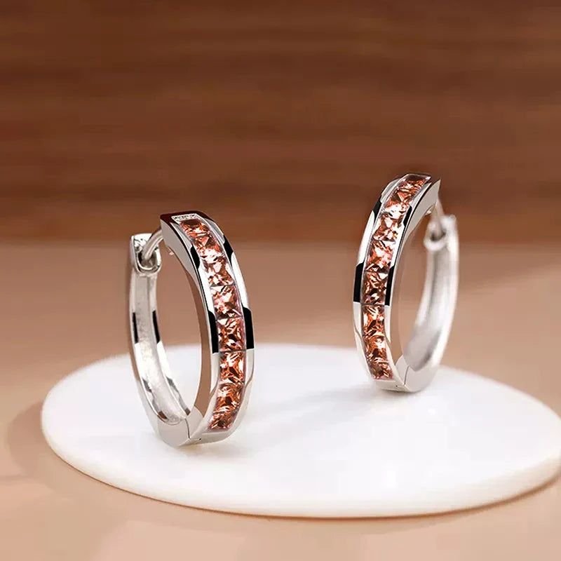 Huitan Hoop Earrings with Princess Cubic Zirconia Exquisite Ear Circle Earrings for Women Silver Color Fashion Versatile Jewelry
