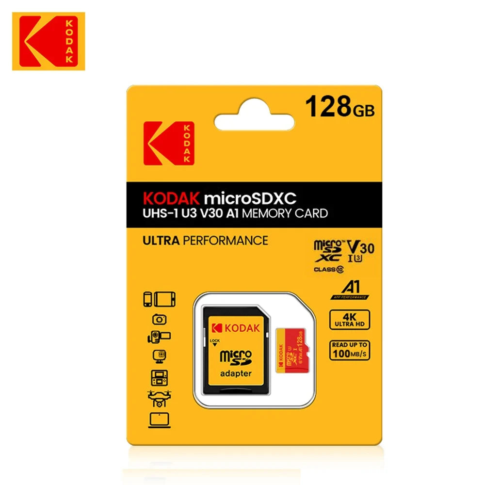 KODAK 128GB Micro SD Card U3 V30 256GB 64GB 32GB 4K High Speed TF Card for Phone Camera Drone Original TYPE-C Reader