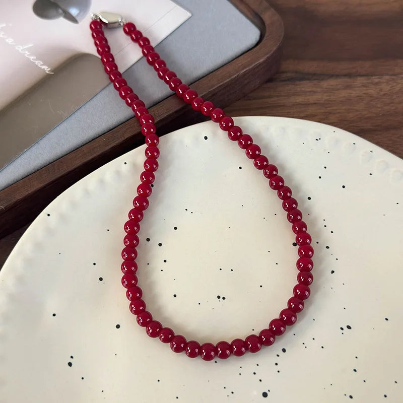 Handmade Vintage Chinese Style Glass Bead Necklace with Antique Red Glass Beads and Gold Coin Closure, Versatile Neckpiece