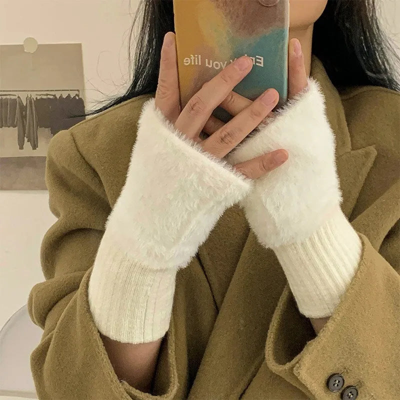 Women's Warm Plush Half-Finger Gloves for Autumn Winter Multi-Functional Cute Office Wear Cold-Resistant Fingerless Mittens