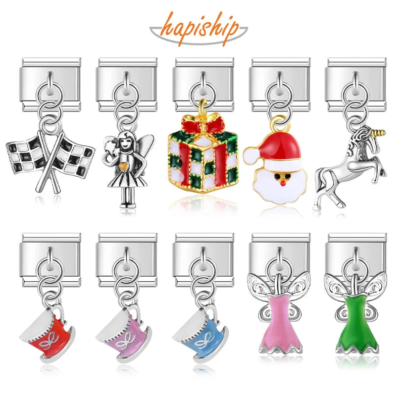 Hapiship 9mm Width Original Daisy Unicorn Angel Cup Santa Claus Italian Charm Fit Bracelet Stainless Steel Jewelry Making DJ050
