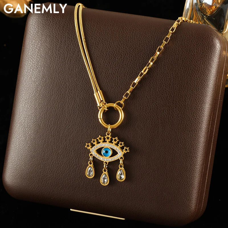 GANEMLY 316l Stainless Steel Luxury Bling Cubic Zirconia Eye Droplets Pendant Necklace Women Chic Romantic Waterproof Jewelry