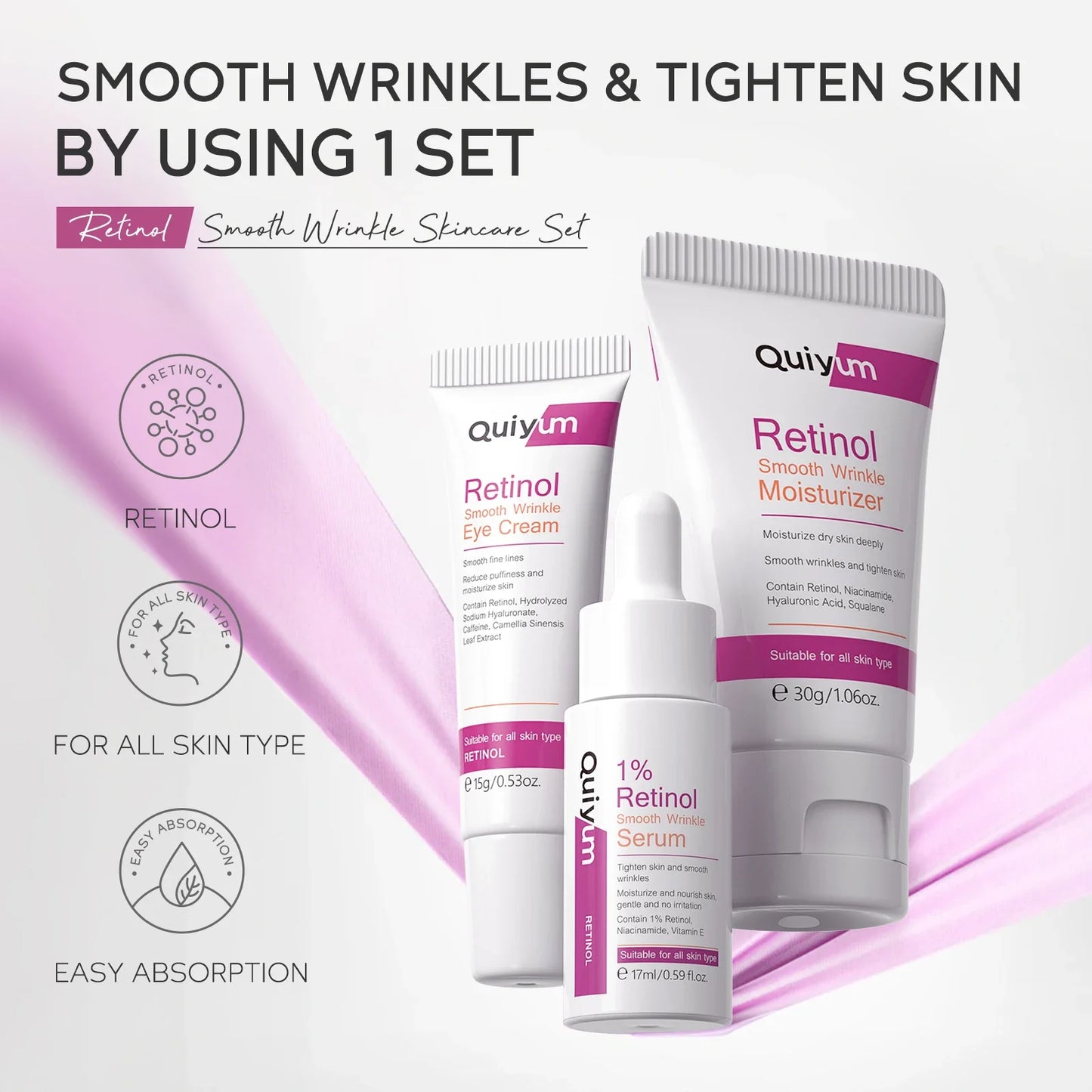 QUIYUM Retinol Smooth Wrinkle Skincare Set · For All Skin Types · Smooth Wrinkles & Fine Lines Improve Skin Elasticity & Radianc