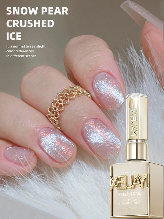 15ml Snow Pear Crushed Ice Cat Eye Gel Nail Polish,  Shiny Bubble-Free UV/LED Quick-Drying Gel Suitable For Nail Art DIY Design