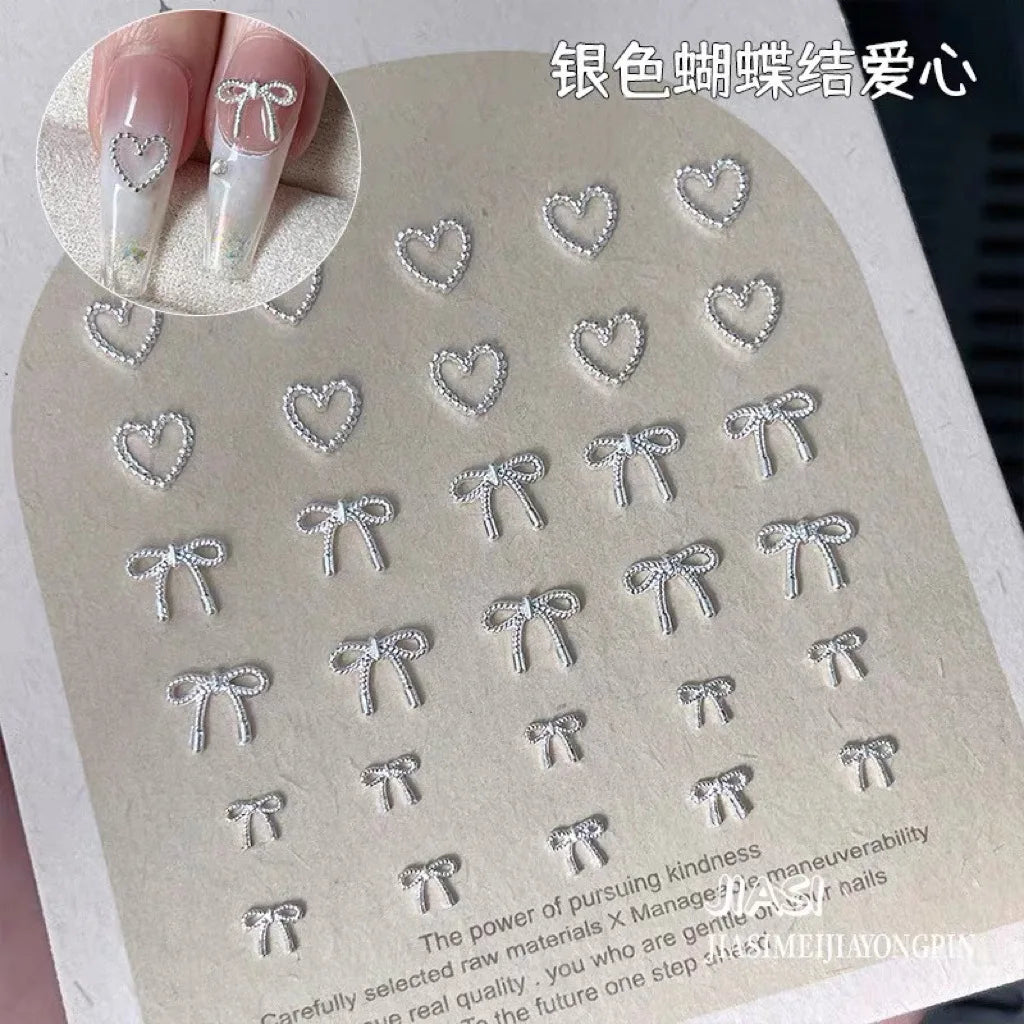 2Sizes Bowtie Love Nail Parts Nail Charms Korea Mini Silver Ribbon Bow tie Alloy Nail Art Accessories 3D Luxury Nail Decorations
