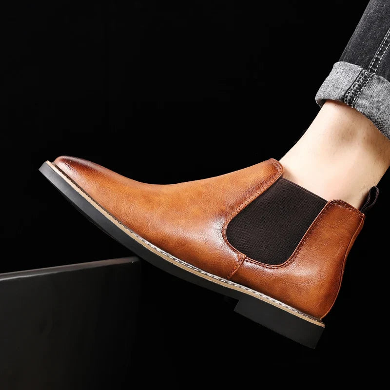 YRZL 39~47 Men Chelsea Boots Brand Retro Comfortable PU Leather Ankle Boots Men 2025 Fashion Black Brown Mens Boots