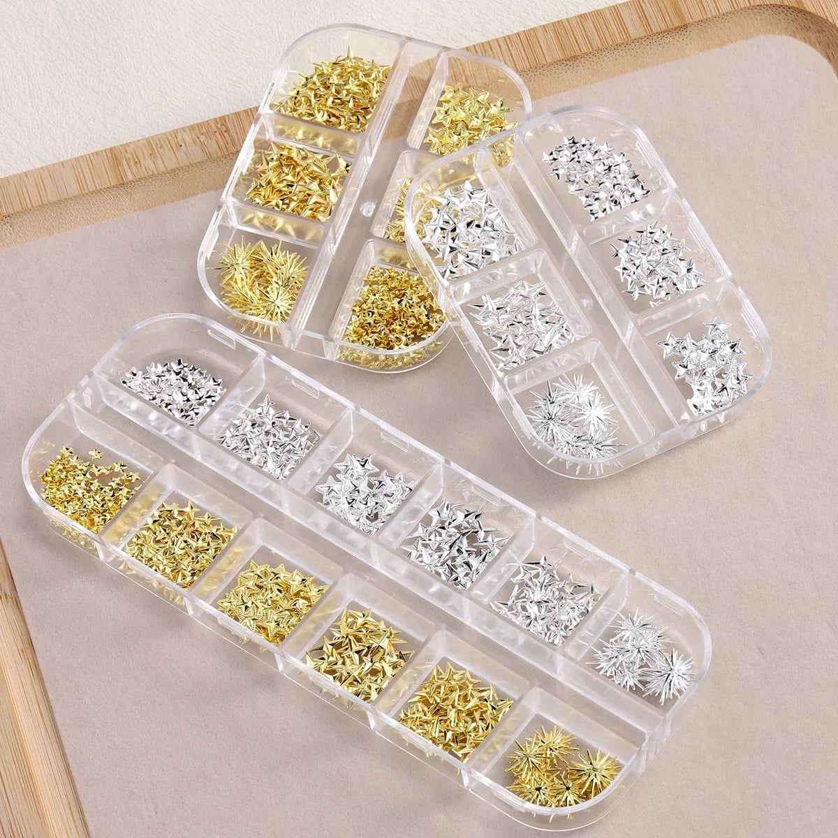 6/12Grids Gold Star Moon Metallic Rivet 3D Nail Charms Alloy Sun Moon Starlight Rhinestones Nail Studs For Nail Art Decoration