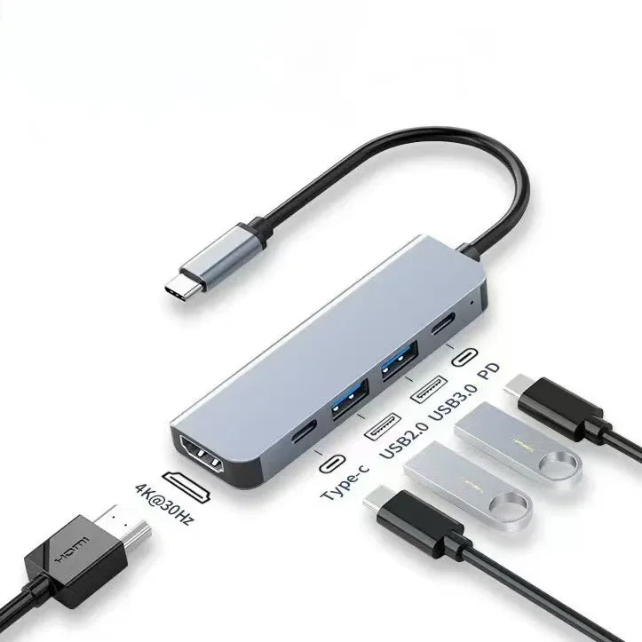 5-in-1 Type-C Hub & USB-C Dock - Multi-Function Adapter for Phone, PC, and Mac
