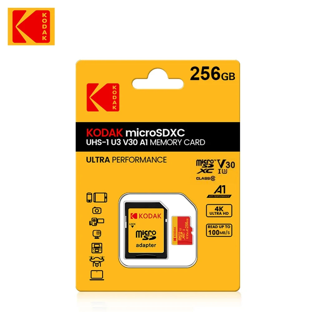 KODAK 128GB Micro SD Card U3 V30 256GB 64GB 32GB 4K High Speed TF Card for Phone Camera Drone Original TYPE-C Reader