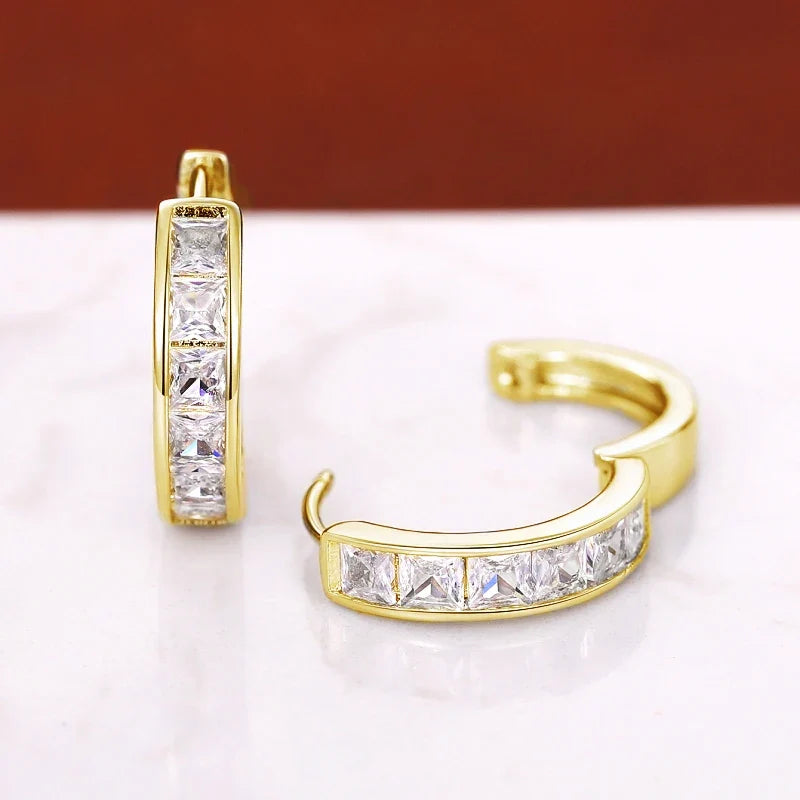 Huitan Hoop Earrings with Princess Cubic Zirconia Exquisite Ear Circle Earrings for Women Silver Color Fashion Versatile Jewelry
