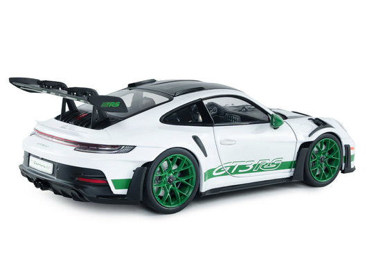 2024 Porsche 911 GT3 RS "Tribute to Carrera RS Package" White with Carbon Hood Stripes and Top and Green Side Stripes and Wheels 1/18 Diecast Model Car by Solido
