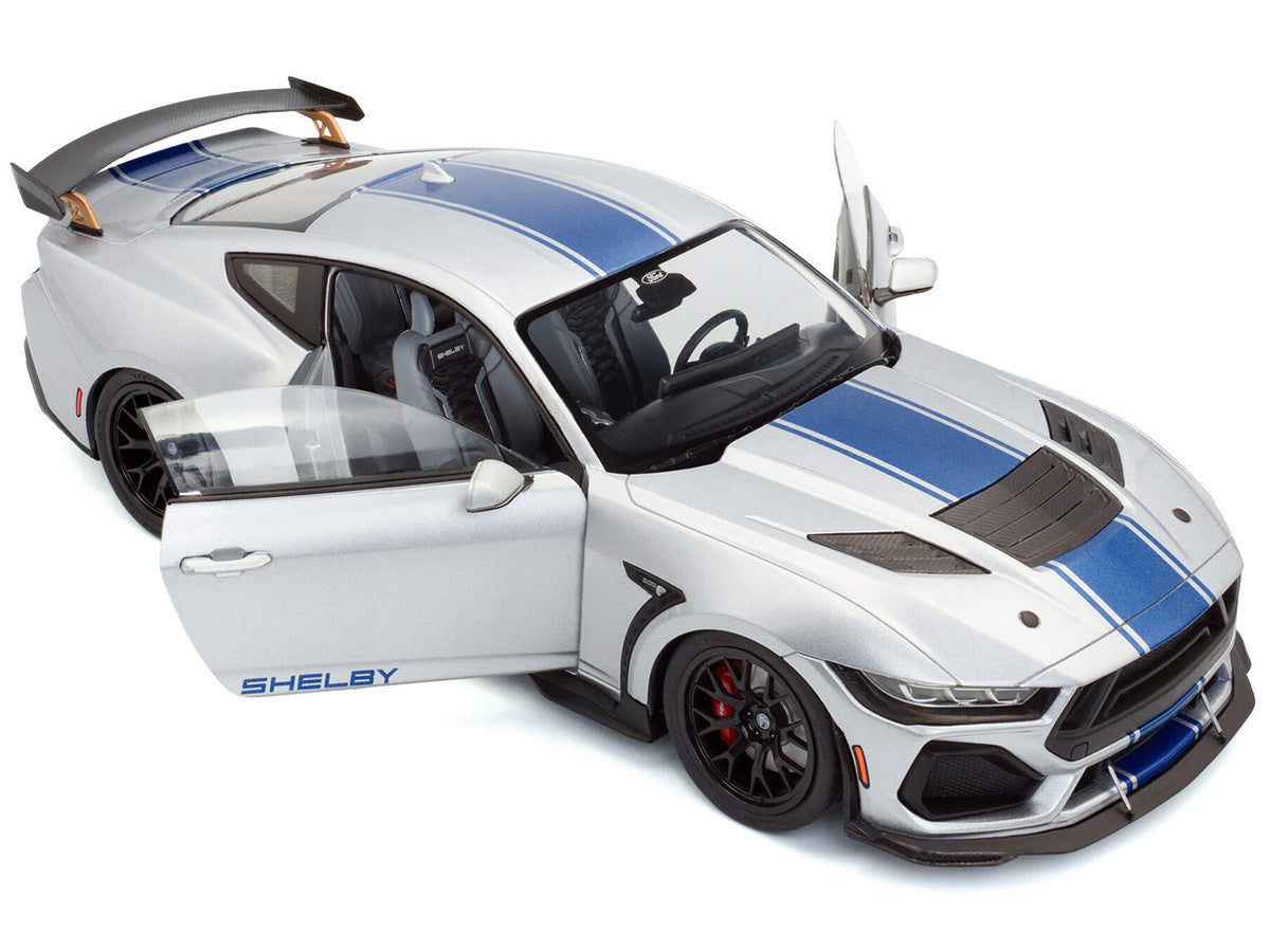 2024 Ford Shelby Mustang Super Snake Gray Metallic with Blue Stripes 1/18 Diecast Model Car by Solido