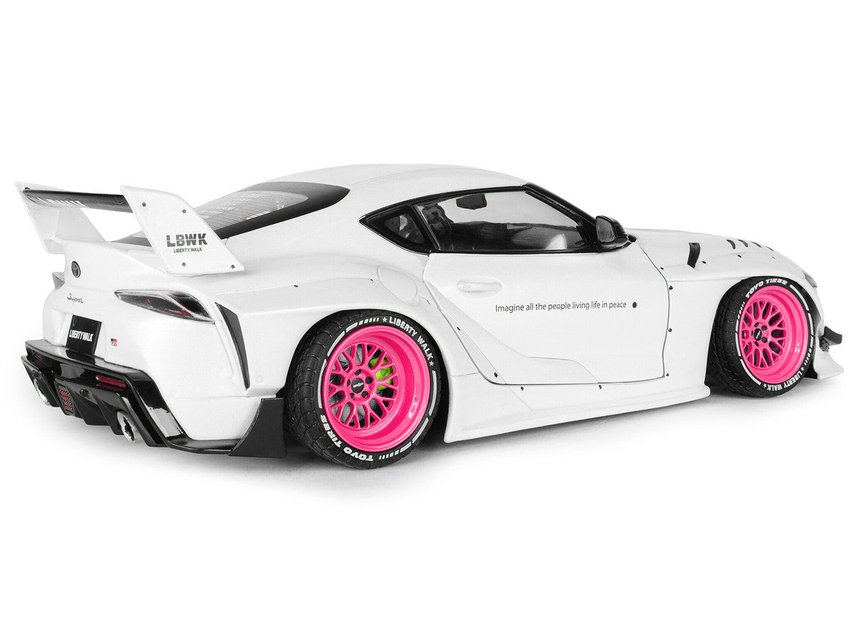 2025 Toyota GR Supra "Liberty Walk" Body Kit White Metallic with Pink Wheels 1/18 Diecast Model Car by Solido