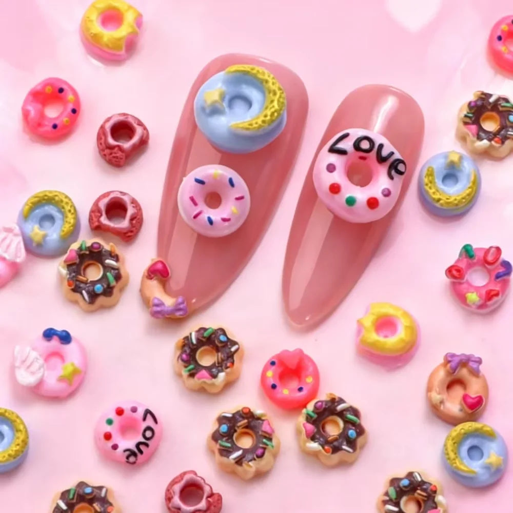 50Pcs 3D Mixed Donut Nail Charms Random Cartoon Flaback Doughnut Nails Art Decorations Kawaii Resin Dessert Manicure Accessories
